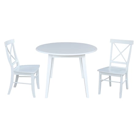 International Concepts 42 in. Solid Wood Round Dual Drop Leaf Dining Table with 2 Chairs in White K08-42DL-C613-2